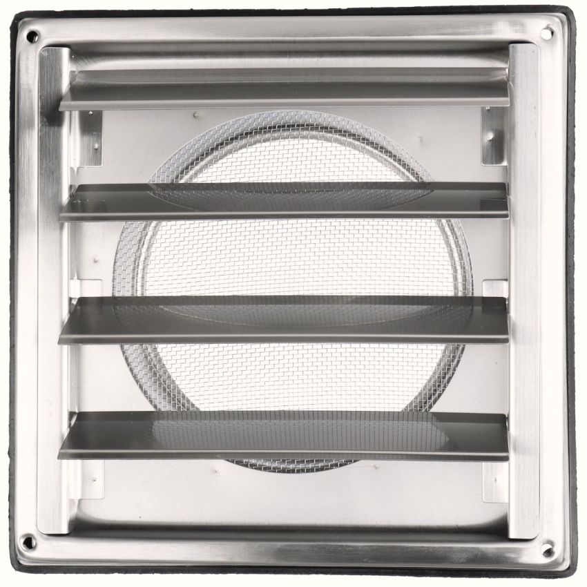 DOMUX DMX-100-SMS-W Grille Ventilation Inox 100 mm pour Hotte, Extracteur et Sèche-Linge - Filet Anti Insectes - Anti-Retour - Résistance Intempéries - 148x148mm - DN100