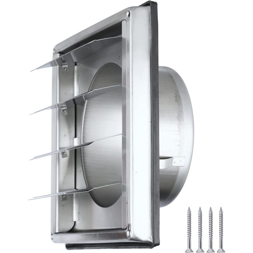 DOMUX DMX-125-SMS Grille de Ventilation Inox 125 mm pour Hotte, Extracteur et Sèche-Linge - Lames Mobiles Anti-Retour - Résistance aux Intempéries - 185x185mm - DN125