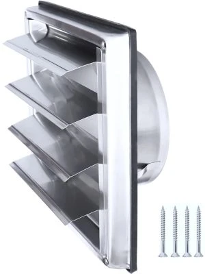 Grille de Ventilation Inox 150 mm pour Hotte, Extracteur et Sèche-Linge - Lames Mobiles Anti-Retour - Résistance aux Intempéries - 185x185mm - DN150